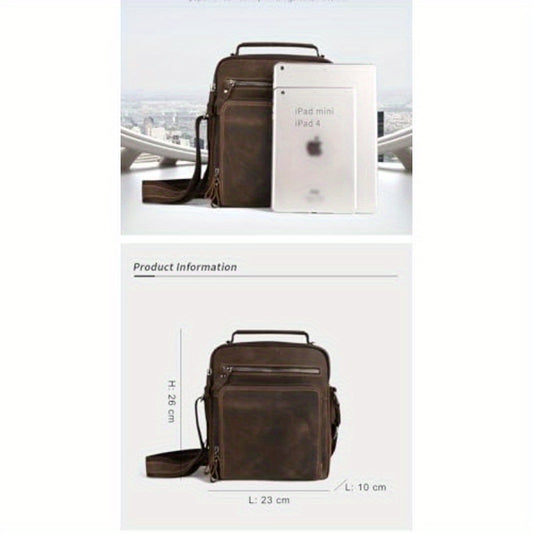 Men's Top Layer Cowhide Leather Shoulder Messenger Tote Bag With Zipper