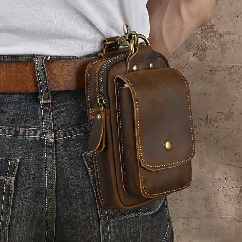 Men's Retro Genuine Leather Belt Bag - Anti-Theft Lightweight Belt Clip with Multiple Zippered Compartments for Phone & Essentials