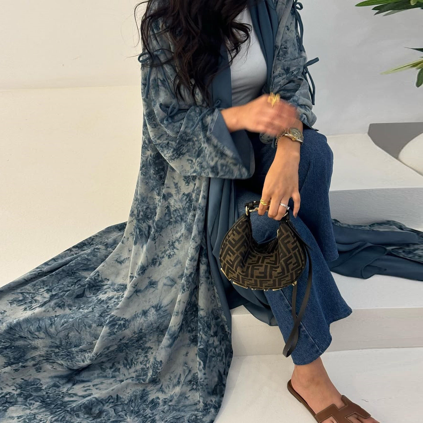 Stylish Women's Muslim Chiffon Print Summer Casual Emirati Abaya with Headscarf