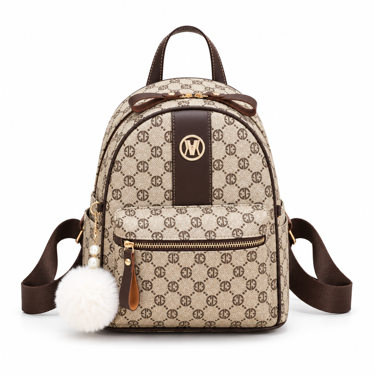 Elegant Monogram Backpack With PomPom Charm