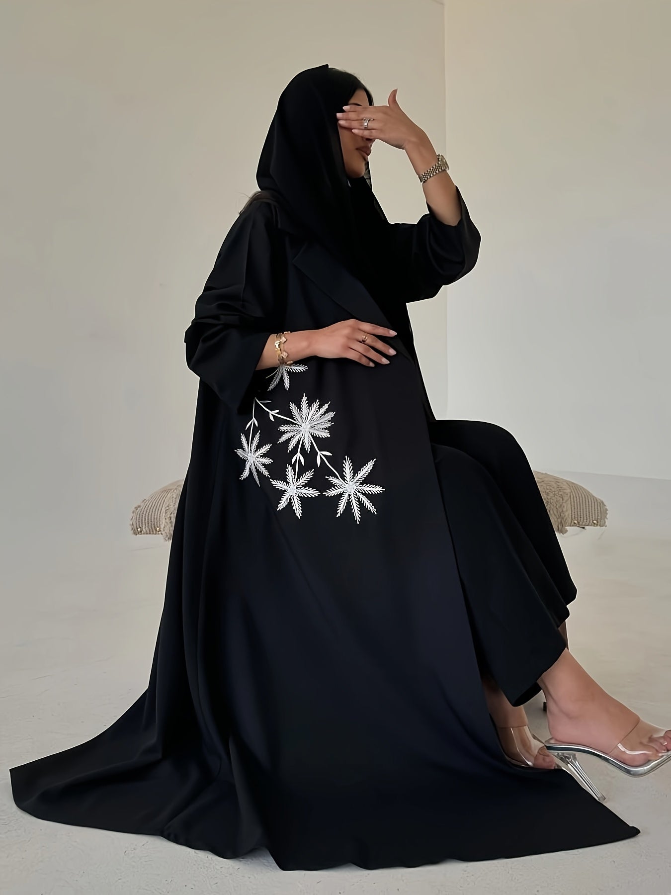 Elegant Black Modest Embroidered Abaya with Floral Pattern - Long Sleeve, Open Front, Loose Fit for Women - Perfect for Spring/Summer/Fall - Dubai Style, Modest Apparel | Elegant Abaya