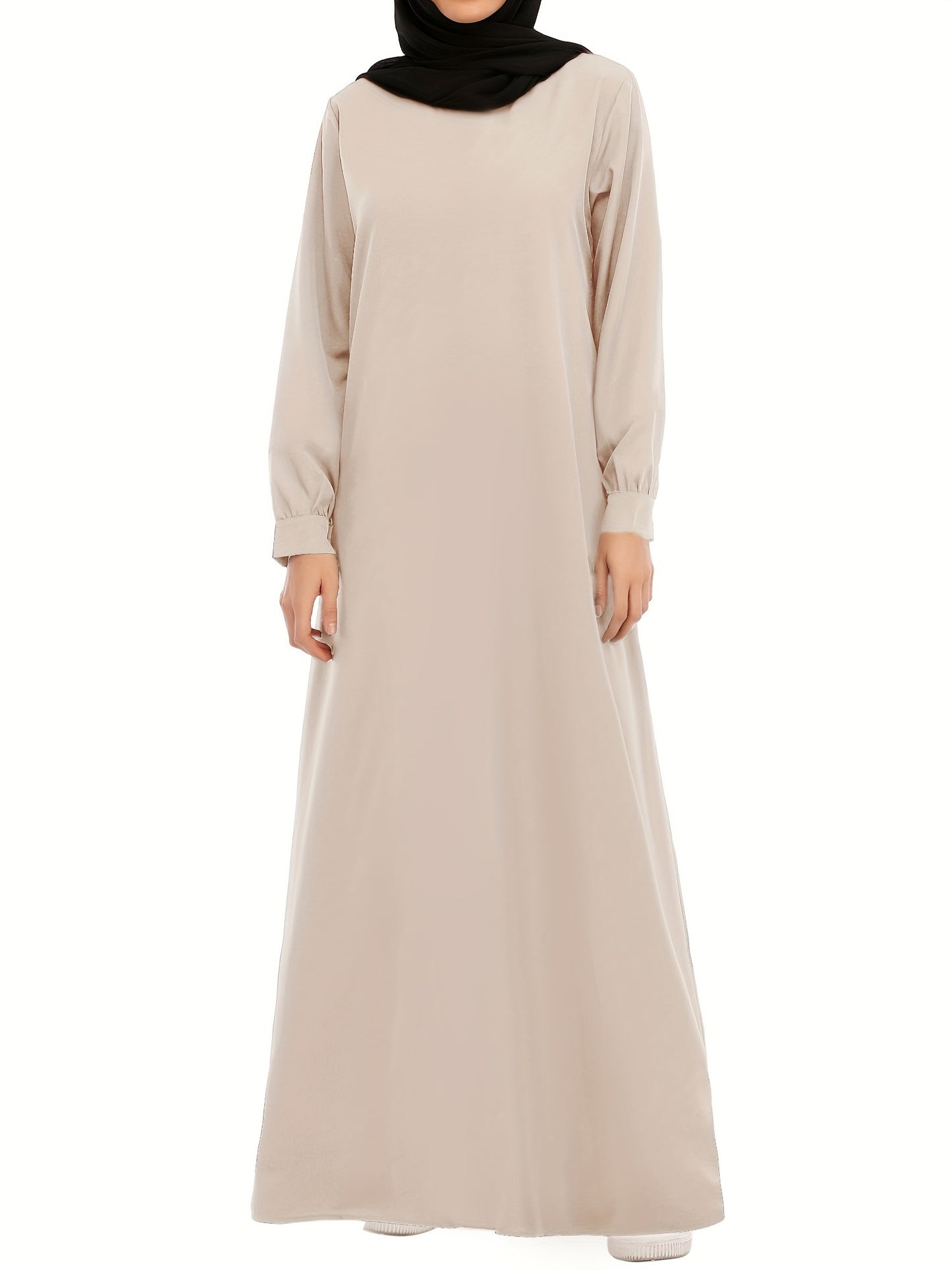 Ramadan Crew Neck Long Sleeve Modest Arabic Abaya, Solid Color Zipper Maxi Length Dress, Women's Clothing