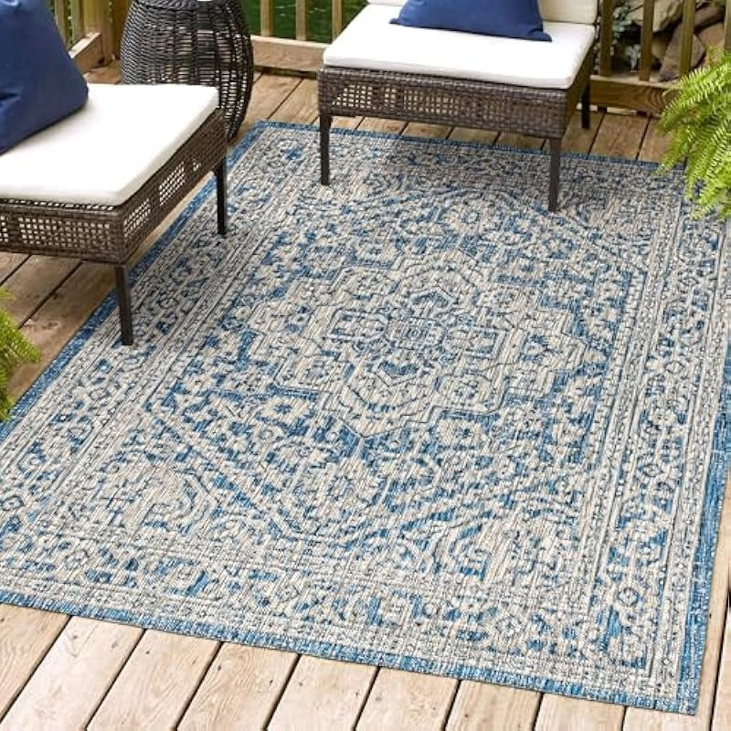 Textured Weave Indoor Outdoor Navy Gray 3 ft. x 5 ft. Area Medium Rug Coastal Easy Cleaning For High Traffic Kitchen Living Room Backyard Non Shedding
