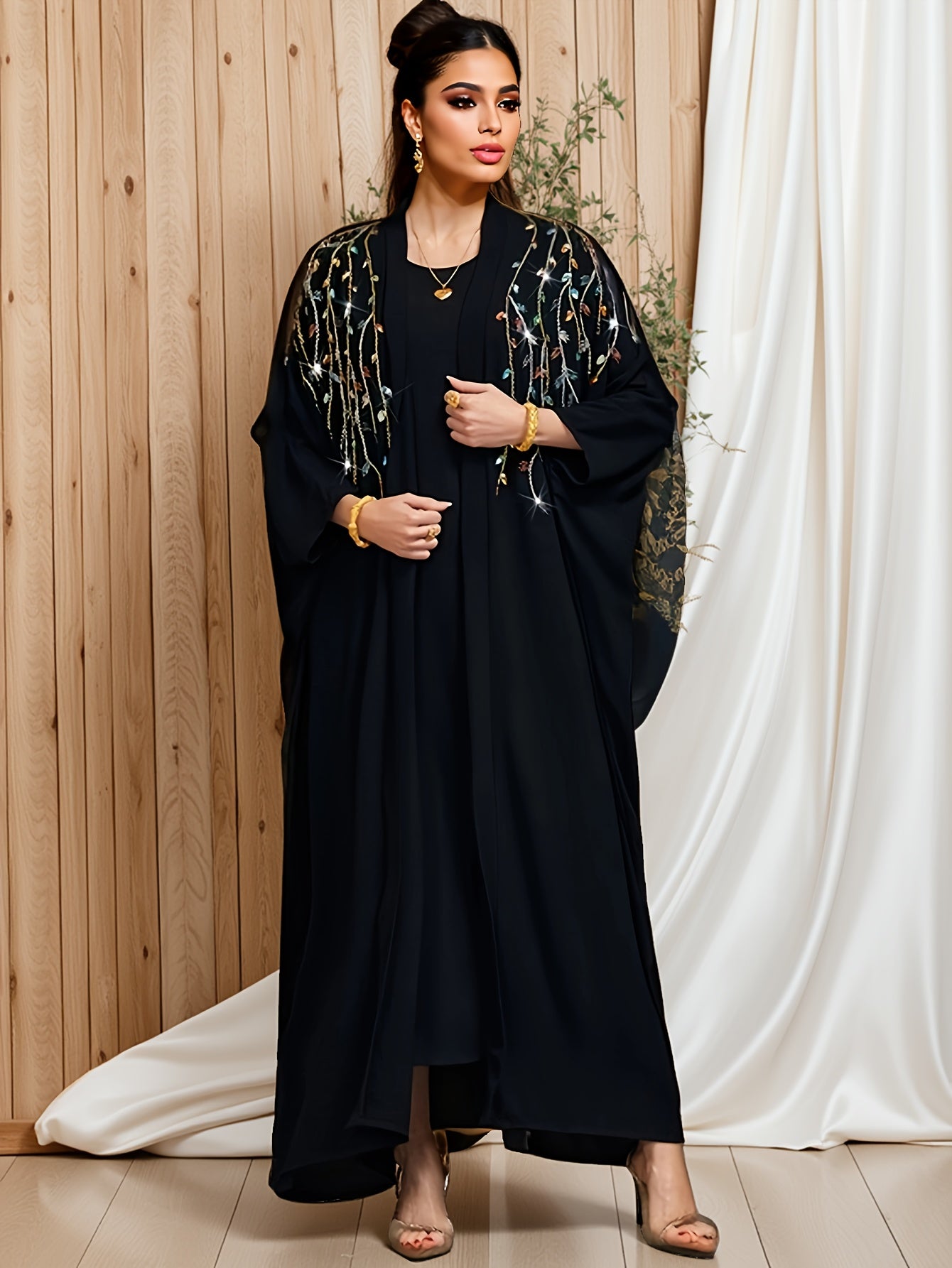 1pc Women's Black A-Line Abaya Dress with Sparkling Rhinestone Embellishments - Loose Fit Long Sleeve Elegant Party & Formal Wear for Birthdays, Weddings, Galas, Dresses for Party, Wedding Guest Attire, Flowy Fabric Gown, Nont