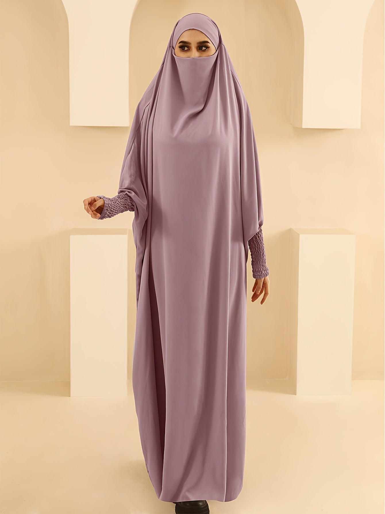 Women's Long Sleeve Abaya Dress - Loose Fit Solid Blue Kraft Style with Frill Hem