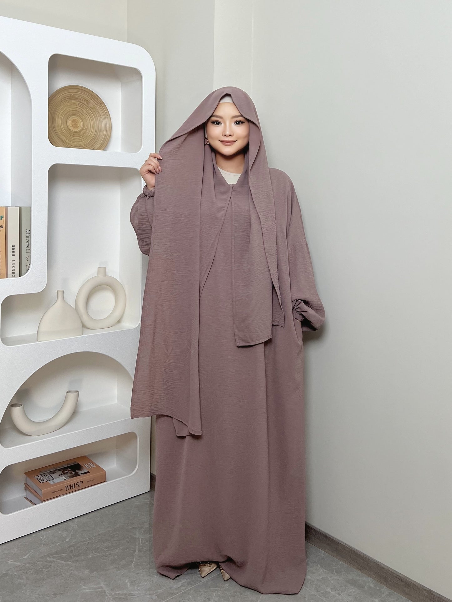 Elegant Crepe Hooded Jibab Abaya Hijab | Modest Long Sleeve Full Coverage Prayer Dress with Attached Scarf & Pockets, Machine Washable Medium Stretch Solid Color