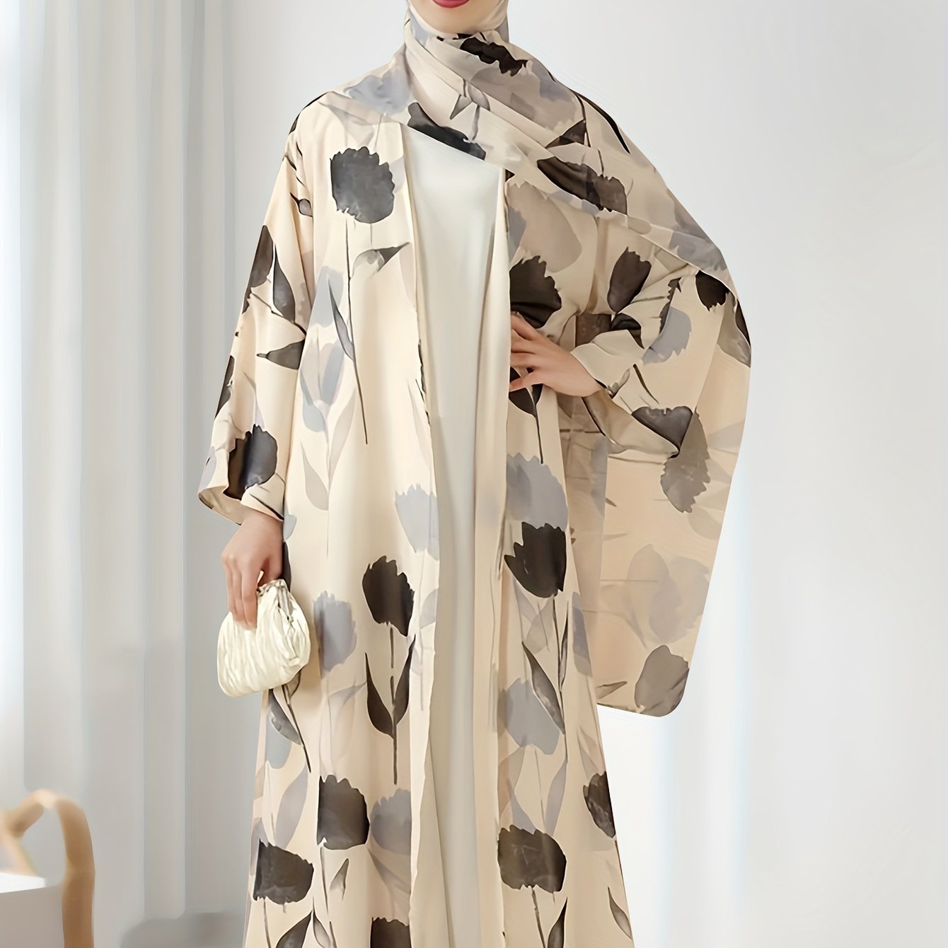 2pcs Elegant Muslim Women's Pakistani Abaya & Headscarf Set - Floral Print Long Sleeve Robe with Lightweight Comfortable Fabric, Perfect for Daily Wear, Family Gatherings, and Travel