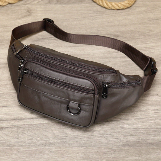 Business Men's Sheepskin Sling Bag, Simple Black Leather Phone Bag, Outdoor Sports And Leisure Crossbody Chest Bag