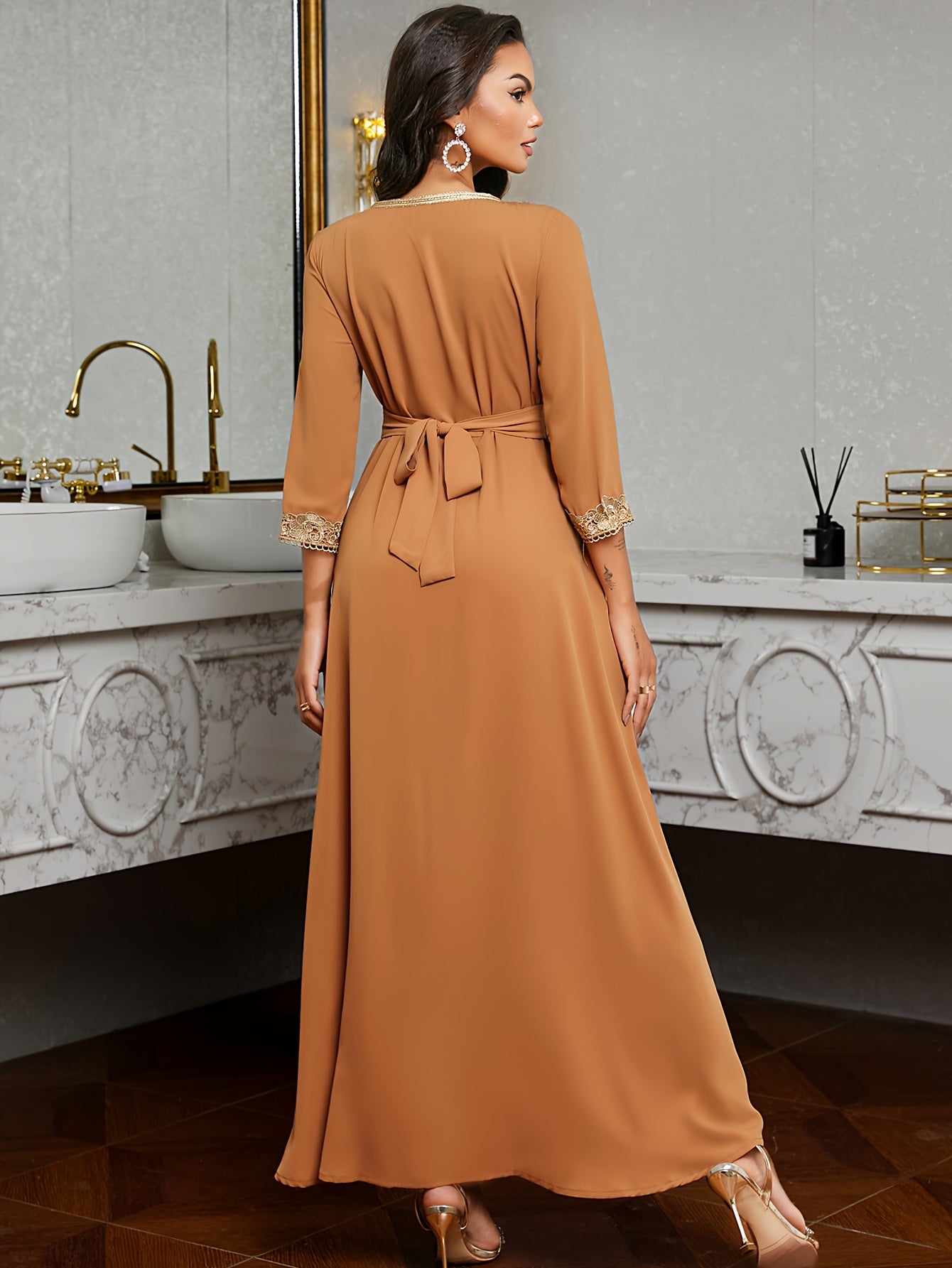 Elegant Golden Contrast Lace Detail Maxi Palestinian Abaya - V-Neck, Long Sleeve, Polyester, Formal or Evening Wear for Women, Formal Occasion Attire | Lace Detailing | Polyester Fabric