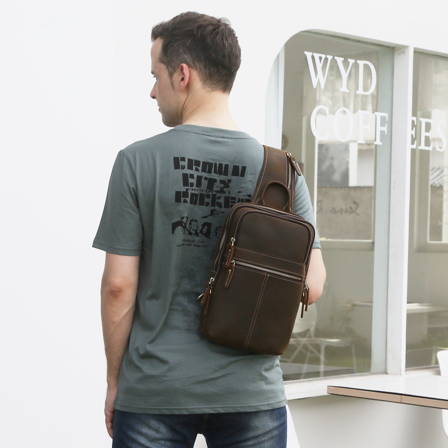 Vintage Full Grain Leather Sling Bag for Men, Crossbody Shoulder Chest Travel Hiking Daypacks Bag for 11 inch iPad, Brown