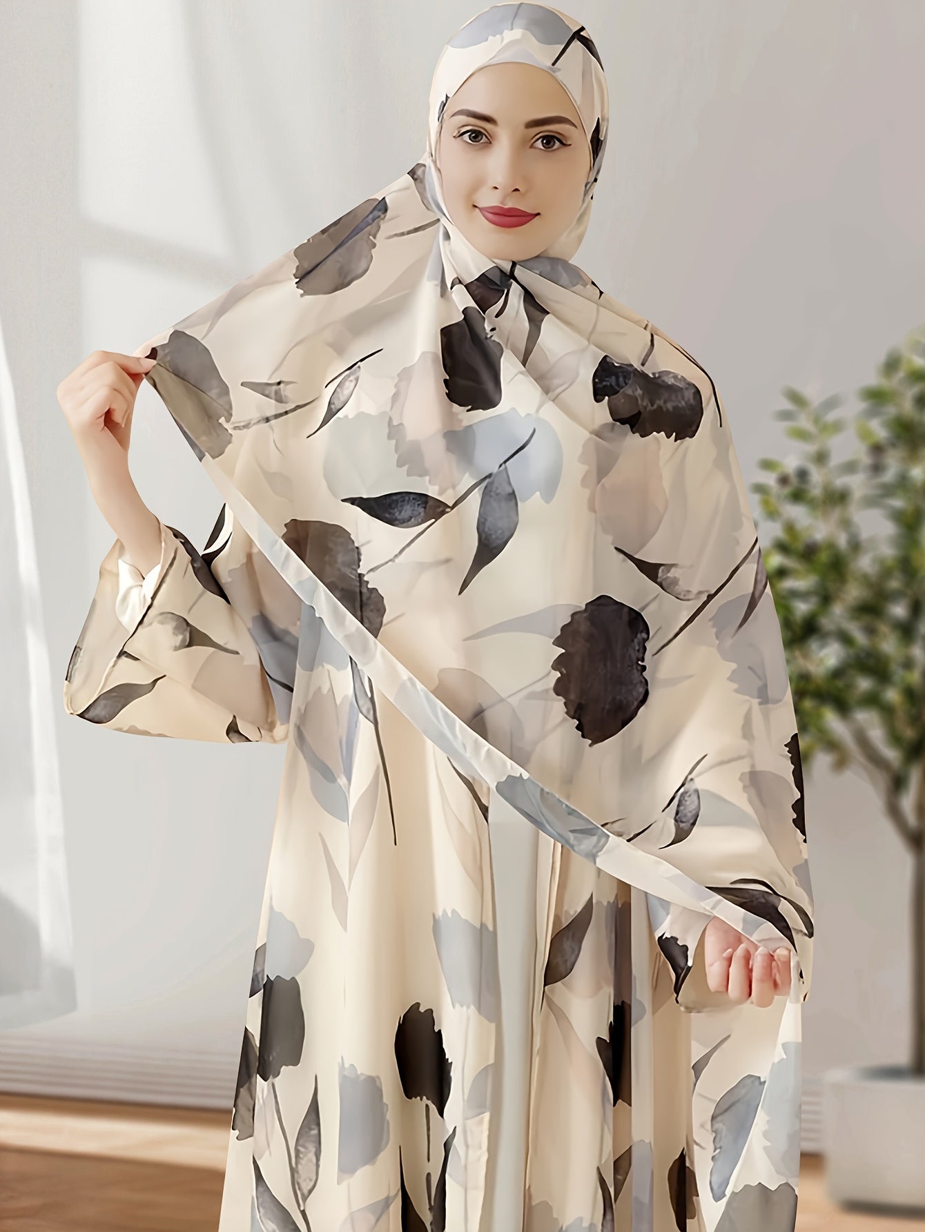 2pcs Elegant Muslim Women's Pakistani Abaya & Headscarf Set - Floral Print Long Sleeve Robe with Lightweight Comfortable Fabric, Perfect for Daily Wear, Family Gatherings, and Travel