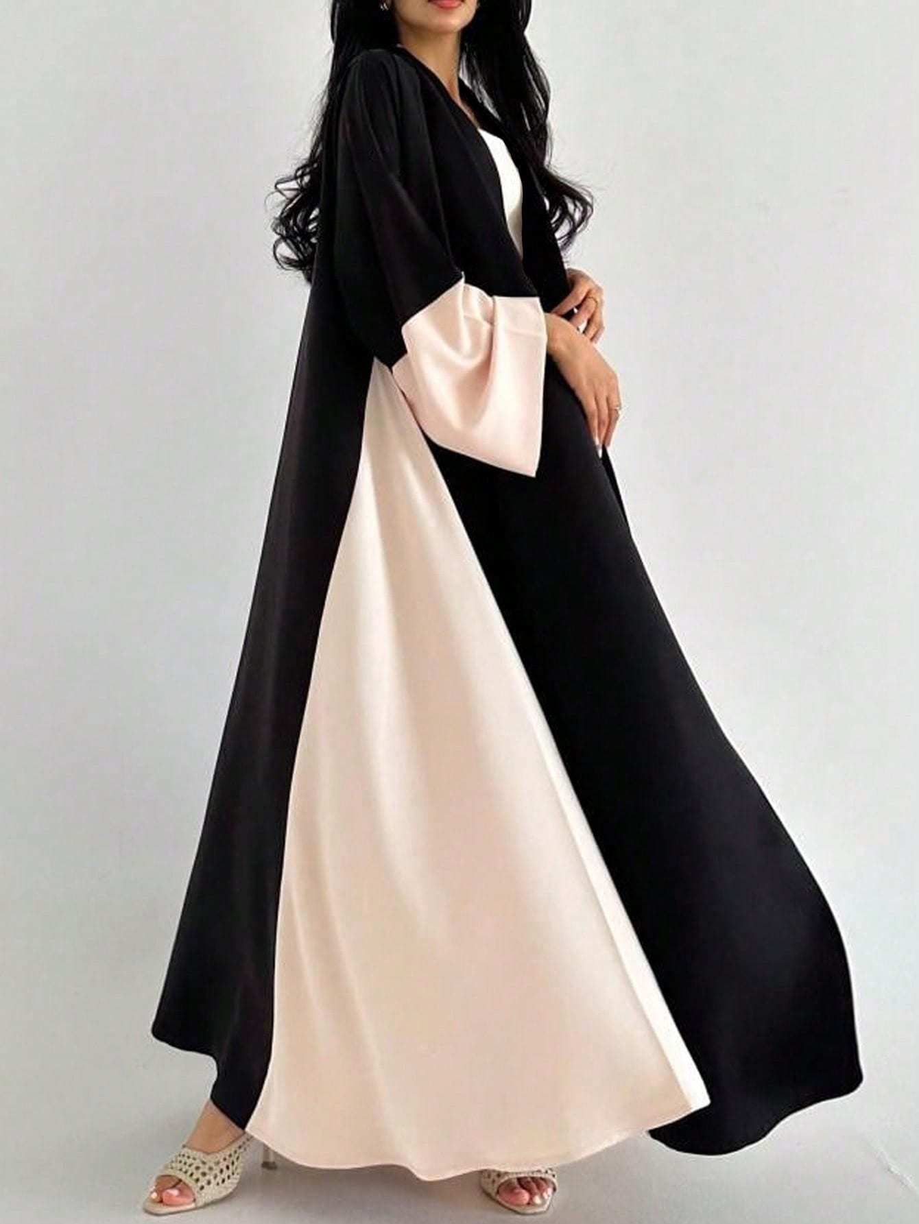 Women's Elegant Black & Beige/ Pink Two-Tone Abaya Burqa - Loose Fit Long Sleeve Maxi Dress, Non-Stretchy Islamic Gown for Everyday & Special Occasions, All-Season Muslim Formal Attire