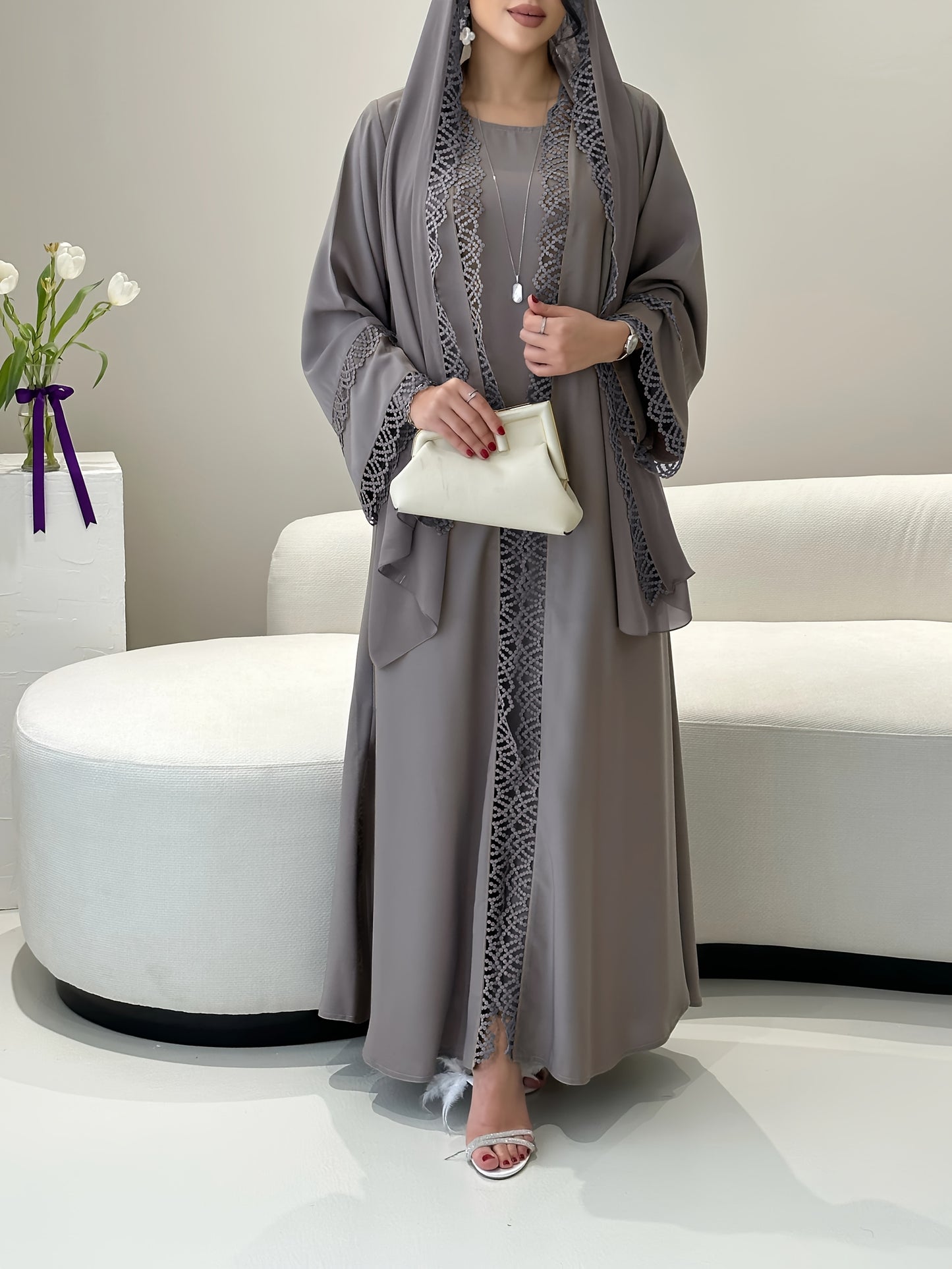 2pcs Muslim Kaftan Abaya Set with Lace Trim | Plus Sleeveless Vest Skirt, Headscarf, for Ramada