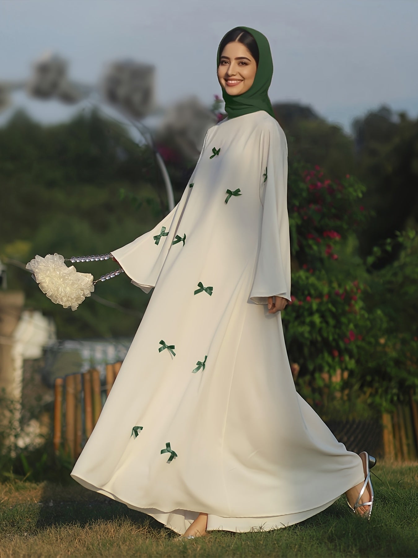 Butterfly Bow Abayas Elegant Long Robe Set, Including Dress and Headscarf
