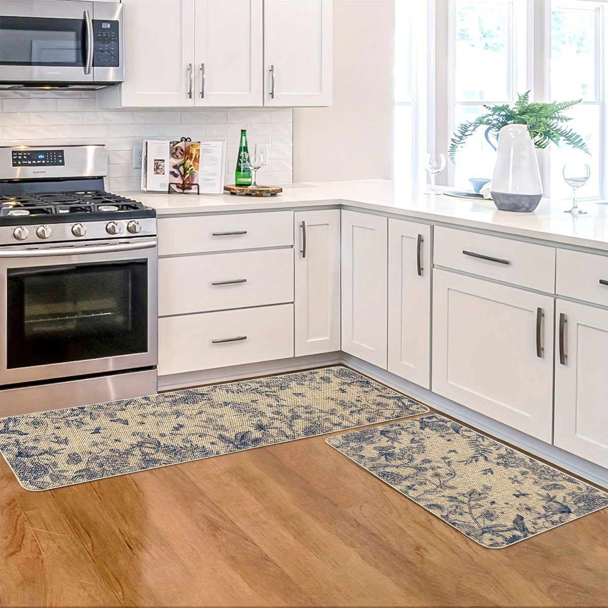 Flower Bird Leaves Kitchen Mats, Home Decor Low-Profile Kitchen Rugs For Floor - 17x29 Inches And 17x47 Inches