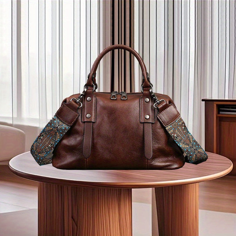 Women's Genuine Leather Crossbody Bag - Adjustable Wide Strap, Large Capacity Vintage Tote & Shoulder Bag