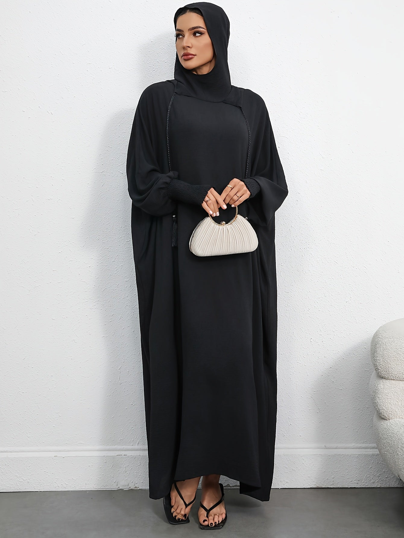 Women's Elegant Black Hooded Batwing Sleeve Dress - Loose Fit Long Flowy Turkish Kaftan, Machine Washable Polyester, Plus Size Friendly, Adjustable Drawstring Waist for Ramadan & Casual Wear Abaya