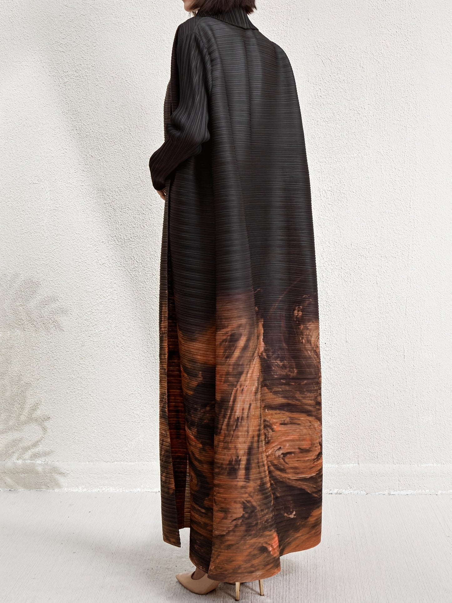 Women's Plus Size Geometric Print Long Sleeve Abaya Dress - Black & White Pleated Cardigan with Belt, Casual Loose-Fit Maxi Wrap for All Seasons