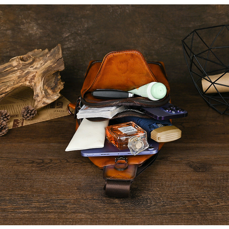 Handmade Genuine Leather Men's Retro Sling Bag - Adjustable Anti-Theft Crossbody Bag with Large Capacity