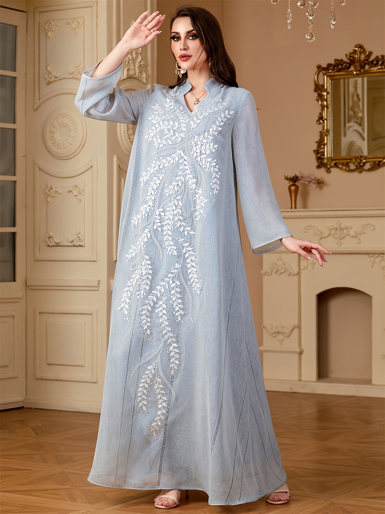 Ramadan Muslim Women's Fashion Beading Emirati Abaya Dubai Notched Stand Collar Dresses Mesh Sleeve Kebaya Casual Loose Clothing