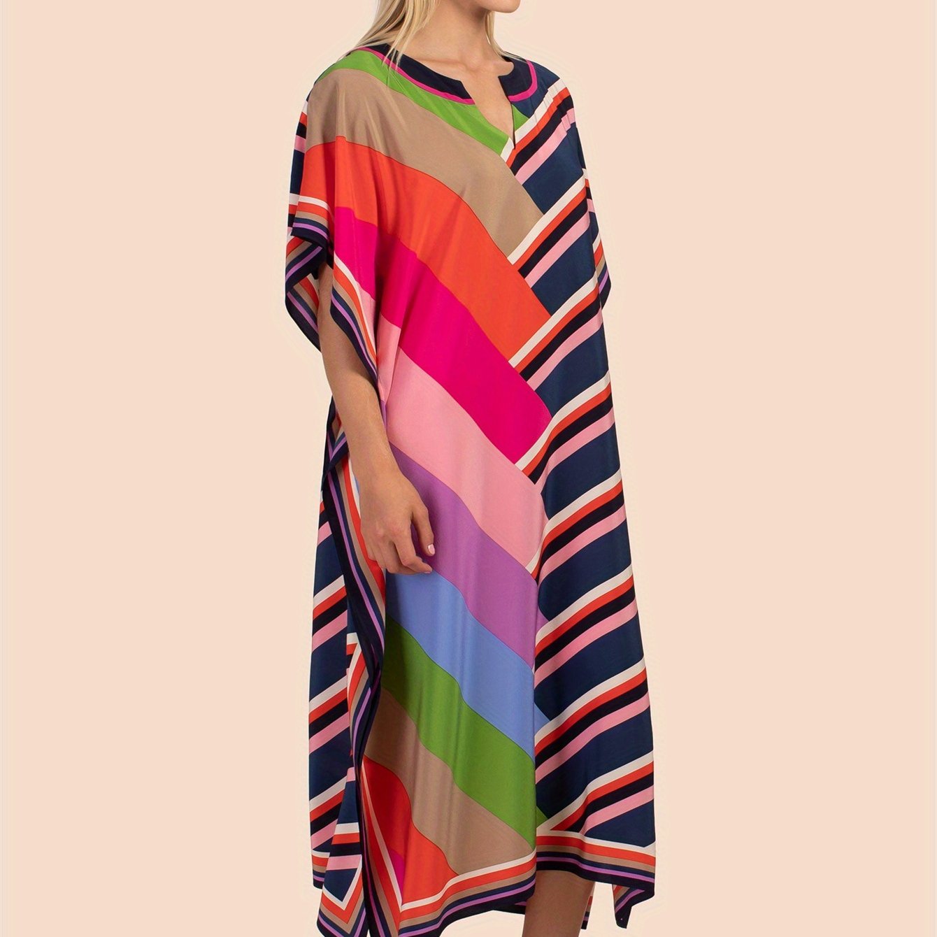 Women's Bohemian Style Allover Geometric Print V Neck Side Split Maxi Cover Up Kaftan Dress, Women's Plus Size Swimwear & Clothing