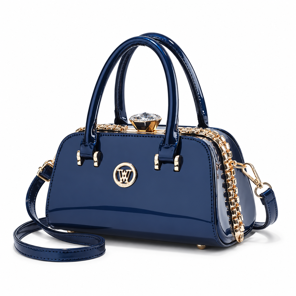 Navy Blue Glossy Crystal Clasp Handbag