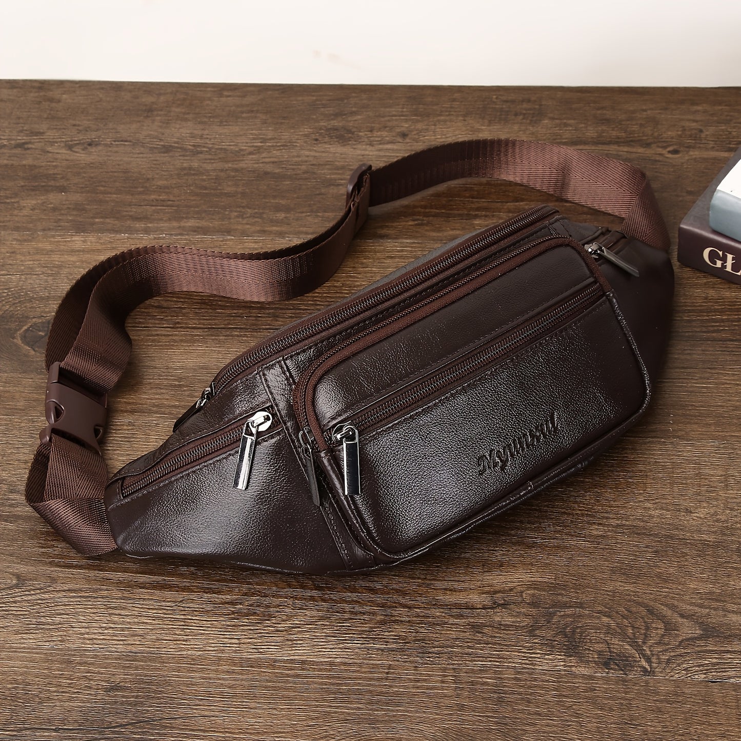 Men's Genuine Leather Belt Bag, Casual Top Layer Cowhide Fanny Pack, Black, with Adjustable 35.43inch Strap, Crossbody