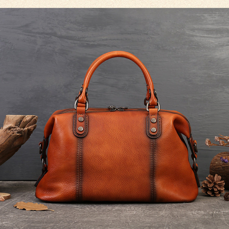 Women's Genuine Leather Satchel Business Handbag - Light Brown Geometric Retro Totem Design, Large Capacity Convertible Shoulder/Handbag with Adjustable Strap
