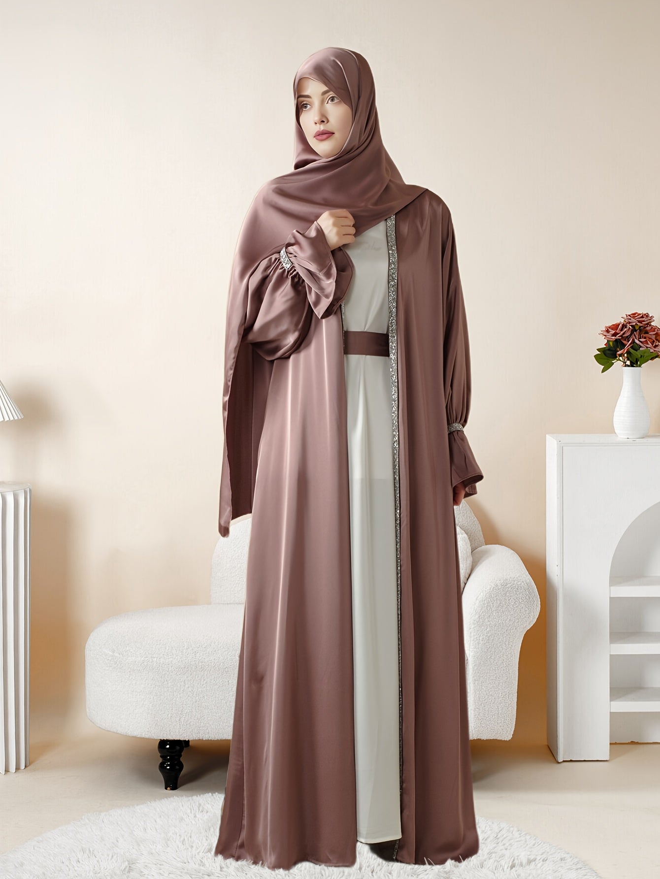 4pcs Set: Poet Sleeve Satin Abaya Eid al-Adha Abaya Muslim Women's Ramadan, Eid al-Fitr, Eid al-Adha, Mawlid, Prayer dress gown robe outfit long robe outfit comfortable soft breathable