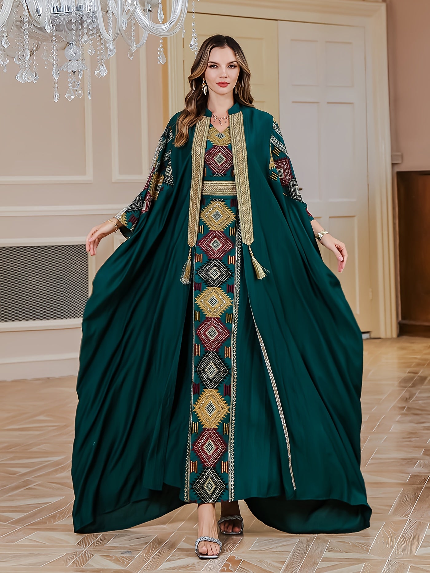 Elegant Middle Eastern Muslim Two-Piece Set - Stylish and Comfortable Design, Perfect for Daily Wear, INS Middle Eastern Pakistani Abaya Muslim Embroidered Long Robe Abaya Light Luxury