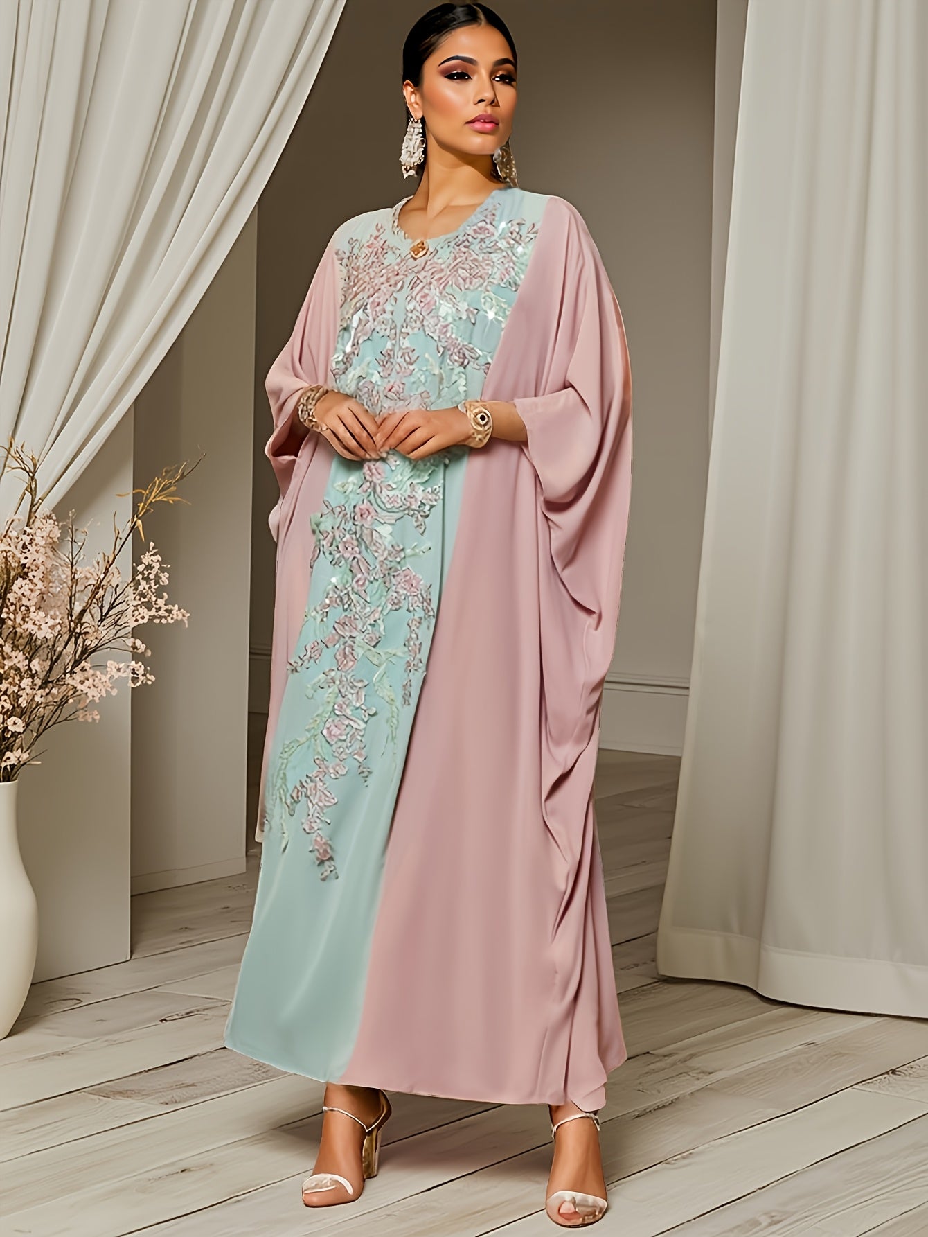 1pc Elegant Embroidered Kaftan Abaya for Women - Polyester Batwing Cape with Contrast Sequin Details, Solid Color, Woven, All-Season Traditional Middle Eastern Robe