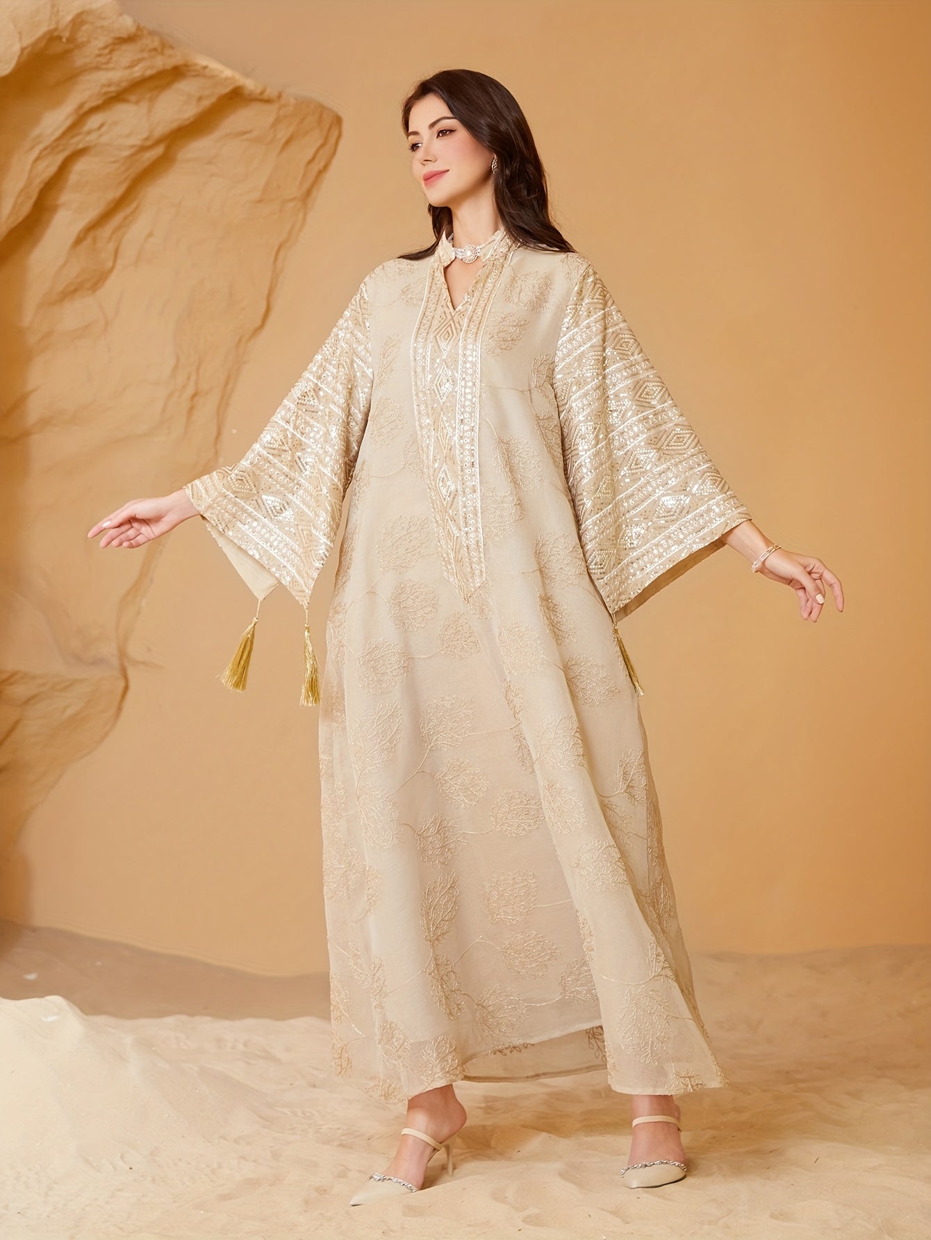 Oriental Middle Eastern Muslim Eid New Style Dress Women's Abaya V-Neck Regular Fashion Slit Sleeve Mesh Embroidery Beaded Craft Evening Gown Jalabiya Turkish Evening Wear Abaya
