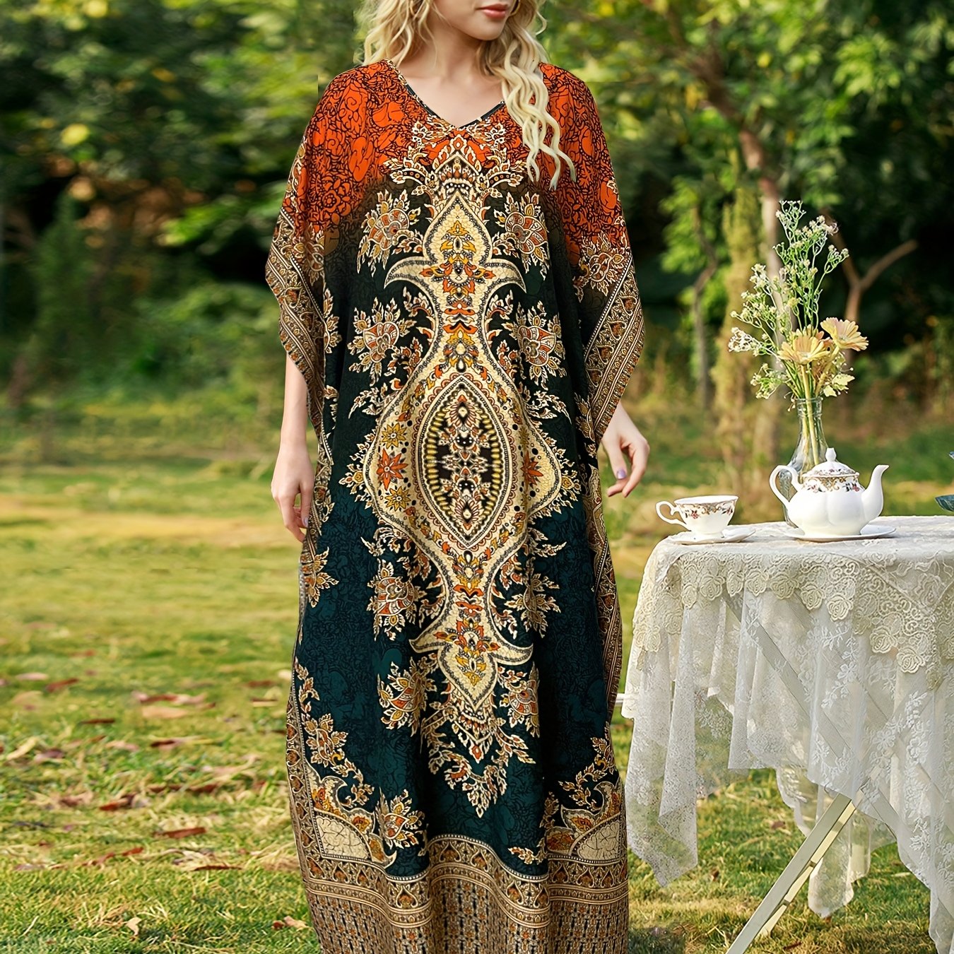 Plus Size, European and American Plus Size Women's Bohemian Vacation Dress with Middle Eastern Kaftan Abaya Style