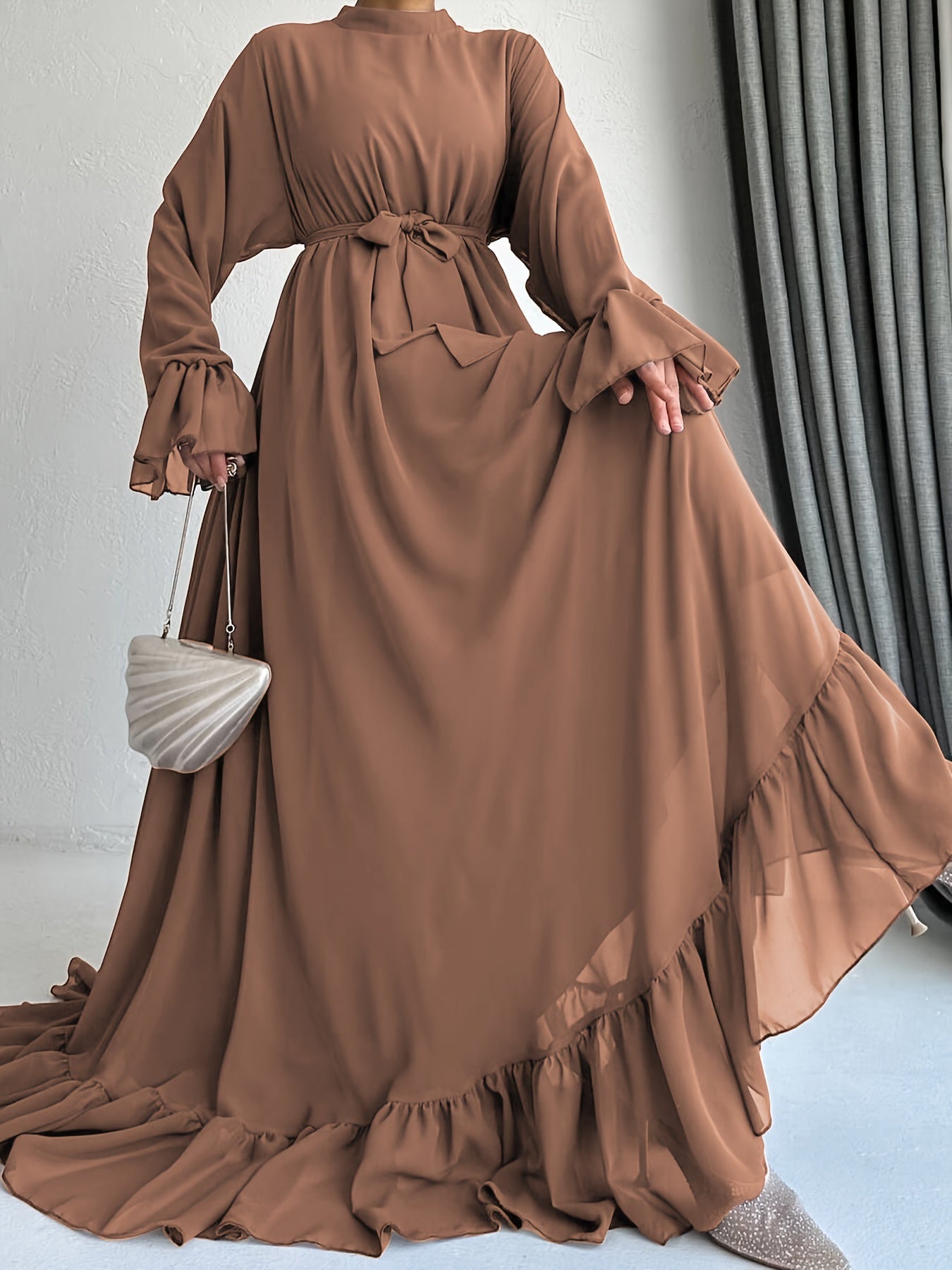 Stunning Solid Color Belted Peplum Maxi Dress - Elegant Palestinian Abaya for Women with Long Sleeves, Pleated Design, and Flattering Silhouette for Spring and Fall Seasons - Chic and Modest Clothing
