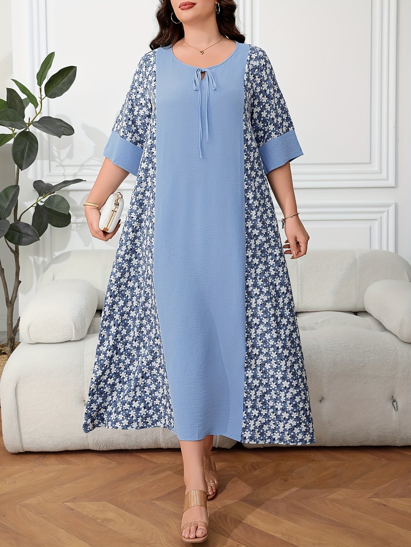 Plus Size Floral Print Tie Front Bow Baju Abaya - Blue Floral on Light Blue, Loose Fit Maxi Dress with Short Sleeves, Machine Washable Non-Stretch Fabric, Middle Eastern-Inspired Design