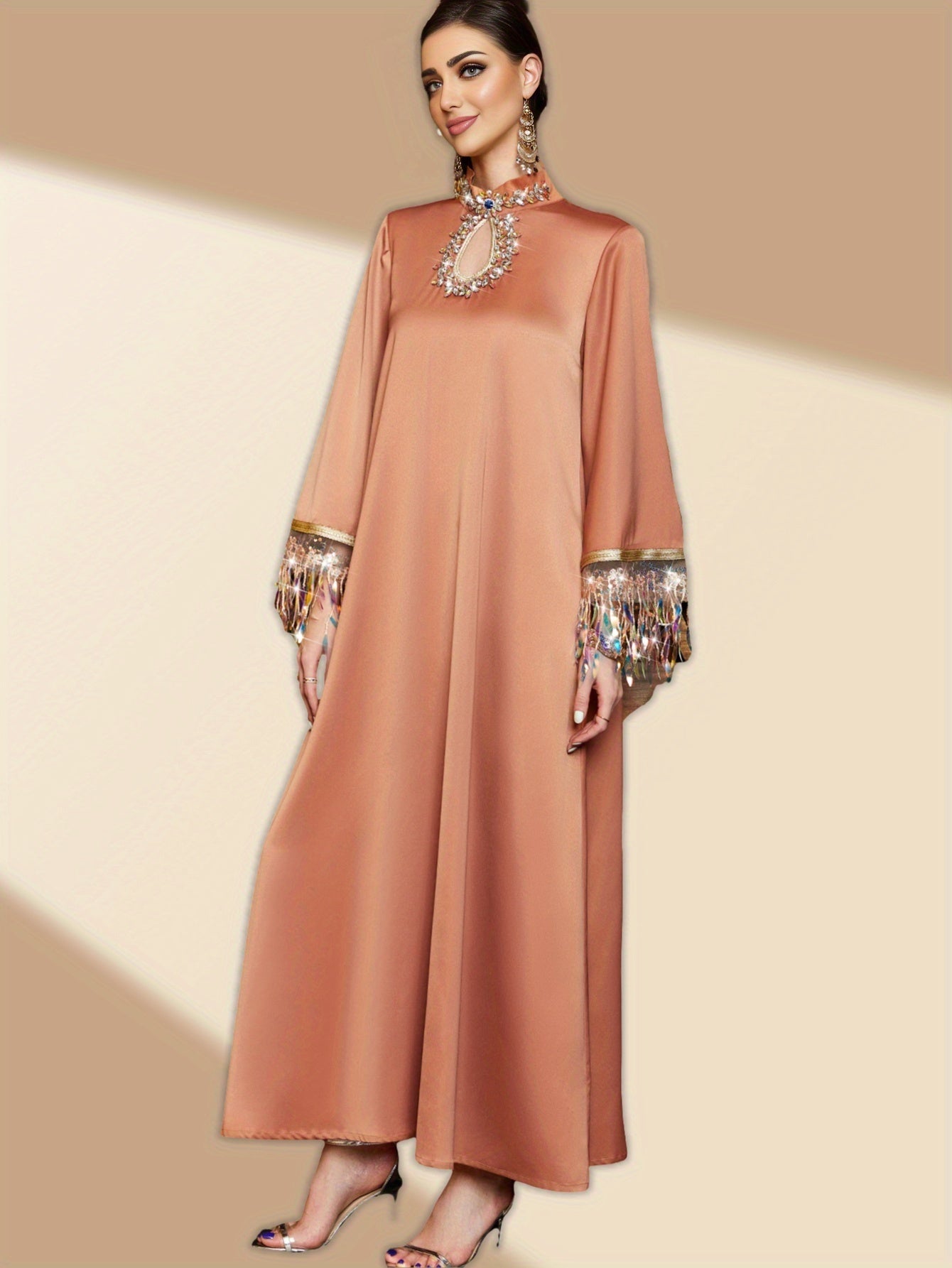 1pc Elegant Solid Color Polyester Maxi Dress with Rhinestone Detailing and Tassel Fringe, Long Sleeve Butterfly Abaya, Woven All-Season Gown