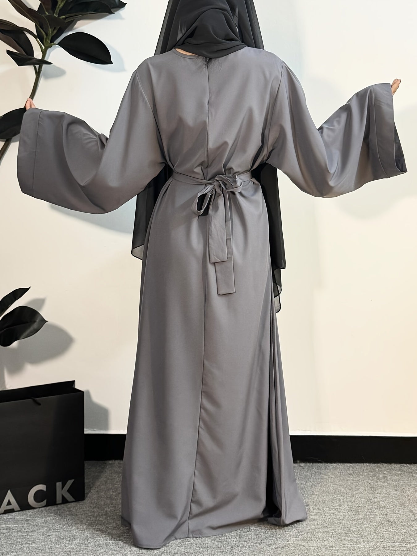 Women's Long Polyester Palestinian Abaya Kaftan with Belt - 100% Polyester, Solid Color, Regular Long Sleeve, Loose Fit, H-Contour, Woven, Non-Stretch, All Seasons, Full-Length Islamic Prayer Dress