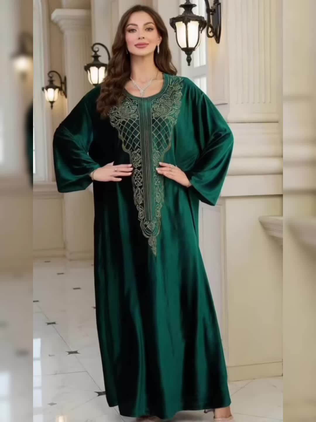 Plus Size - FY Ladies Elegant Embroidery Velvet Long Gown Loose Arabic Abaya Large Size Leisure Resort Beach Jacket Bikini Outerwear Cover-up