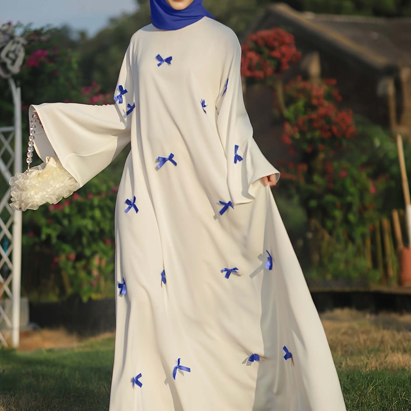 Butterfly Bow Abayas Elegant Long Robe Set, Including Dress and Headscarf