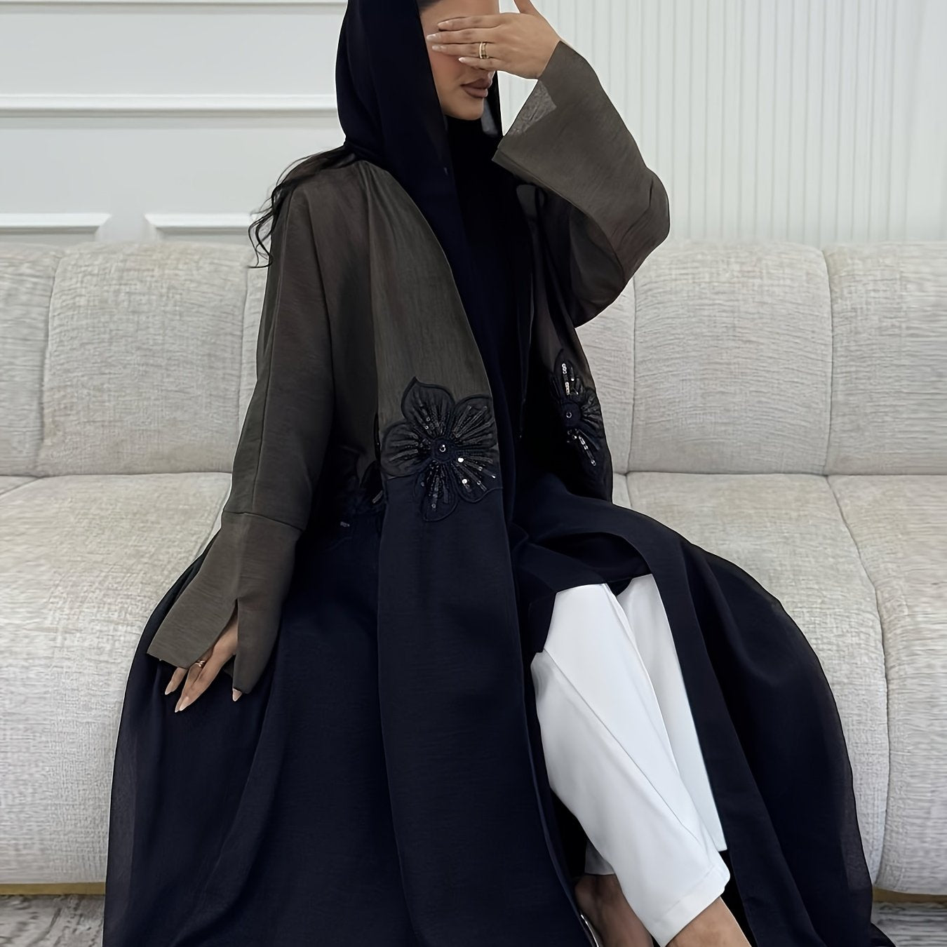 Elegant Modest Muslim Dubai Arabian Abaya Robe with Floral Embroidery - Long Sleeve Open Front, Solid Color, All-Season Wear, No Headscarf, Hand Wash or Dry Clean, Muslim Dress