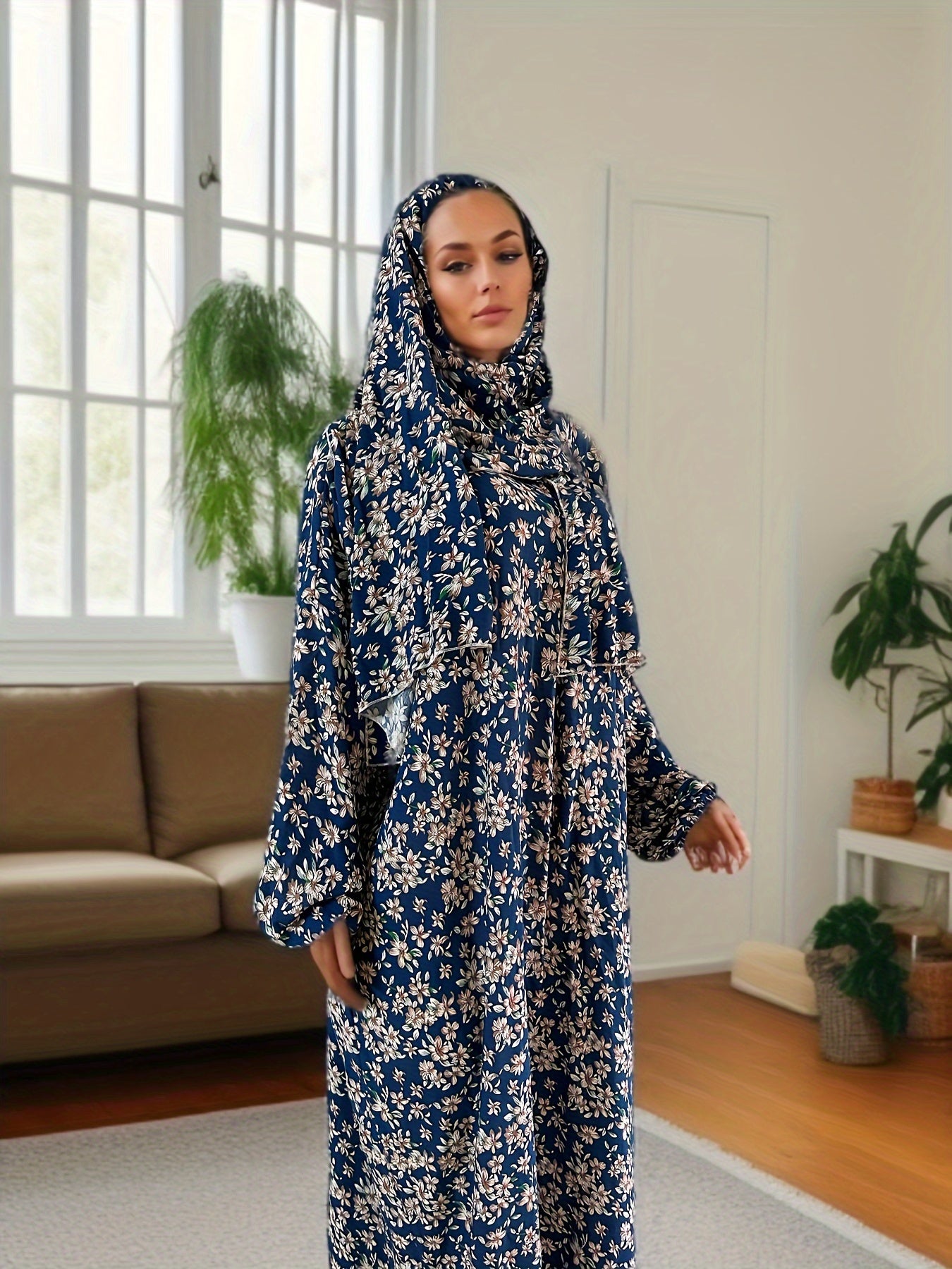 Ramadan Plus Size Floral Print Modest Jibab Abaya Dress, Modest Long Sleeve Maxi Dress With Hijab, Women's Plus Size Clothing