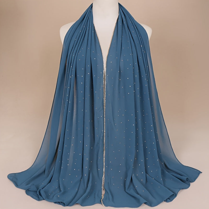 1pc Lightweight Breathable Chiffon Scarf with Sparkling Rhinestone Trim