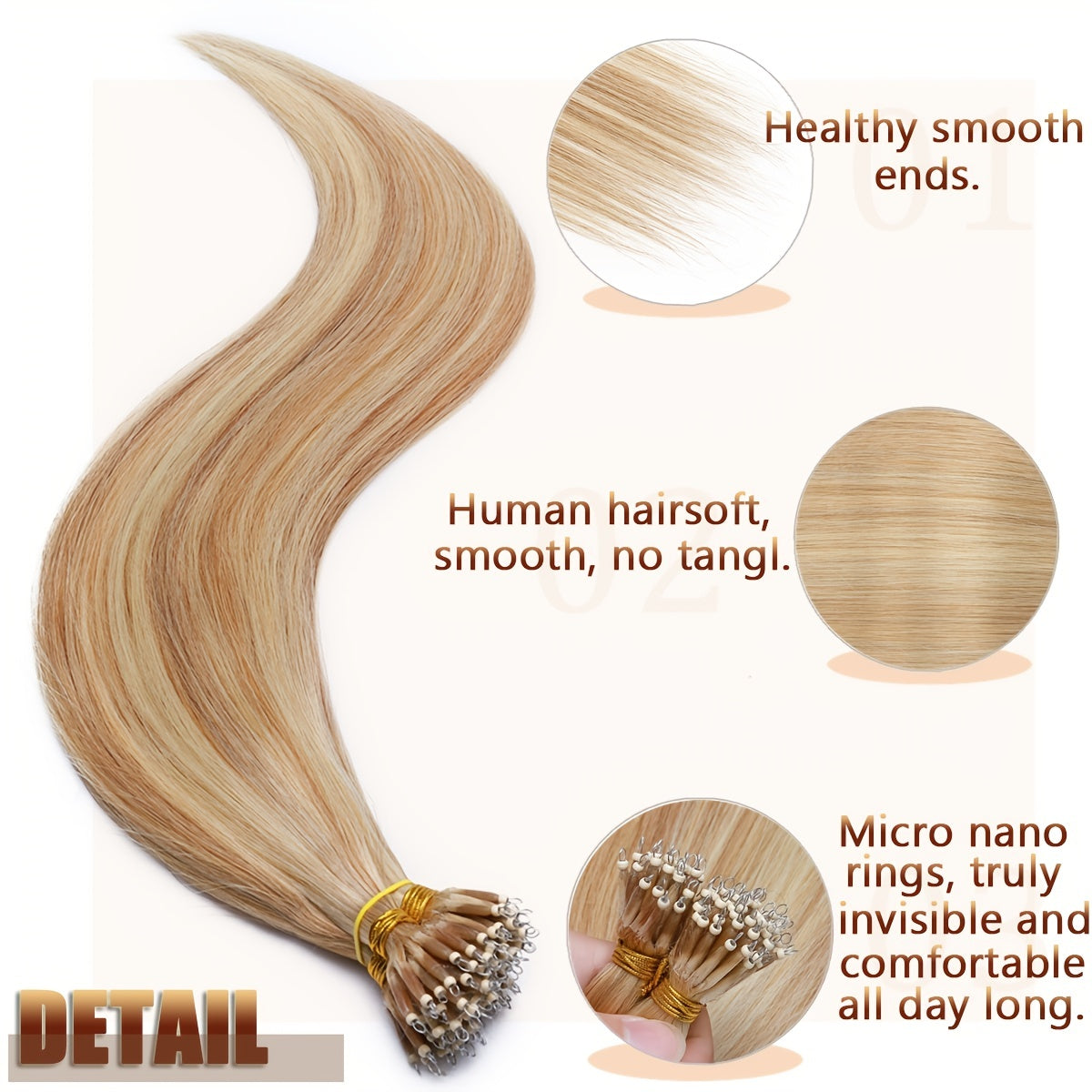 100% Human Hair Extensions - 50 Strands Nano Rings, Thick, Smooth, Remy Hair
