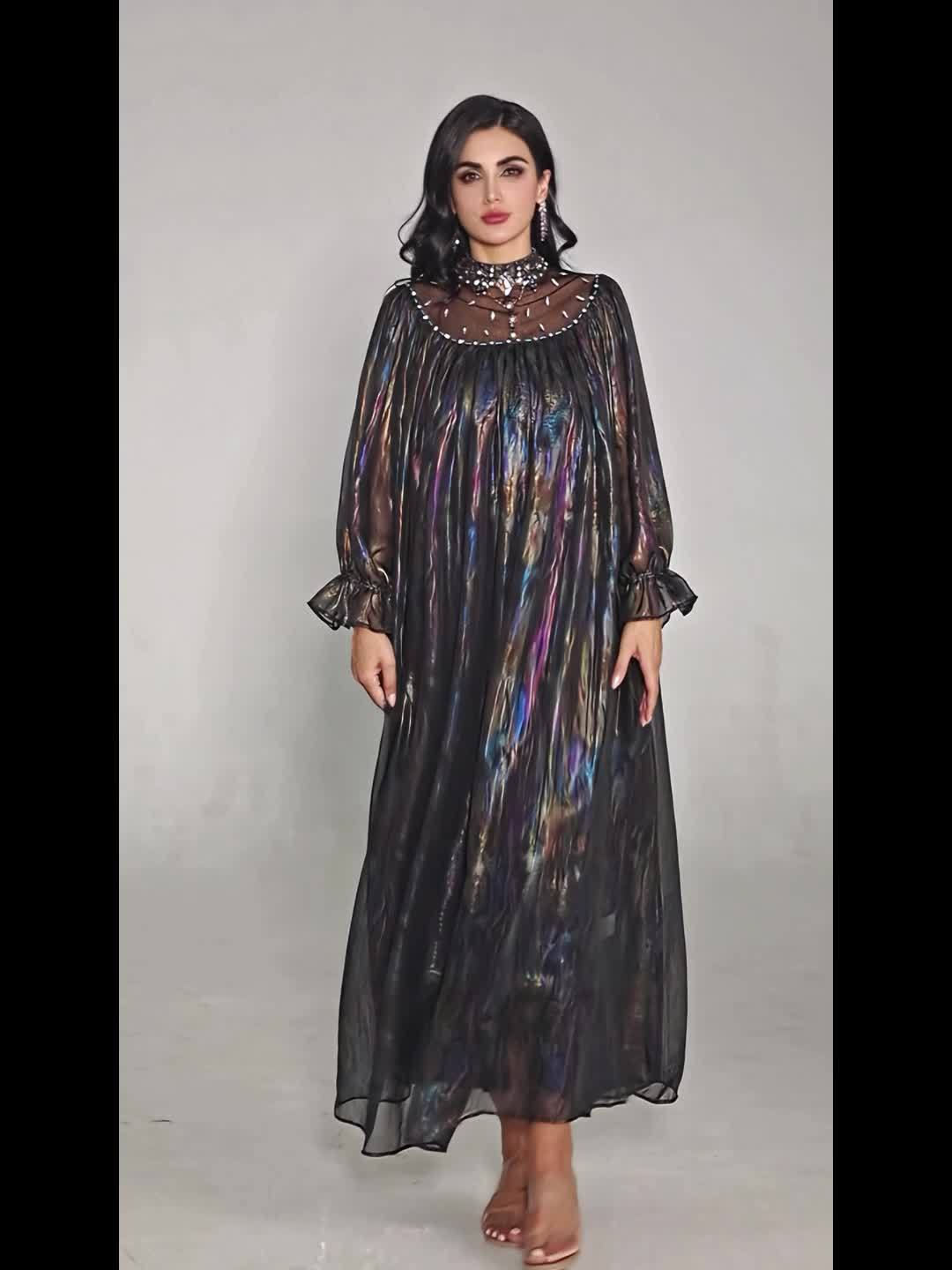 Elegant Rhinestone-Embellished kaftan Abaya Dress with Iridescent Shimmering Fabric, Arabian-Inspired Lantern Sleeves & Long Train - Hand Wash Only Traditional Formal Wear for Weddings