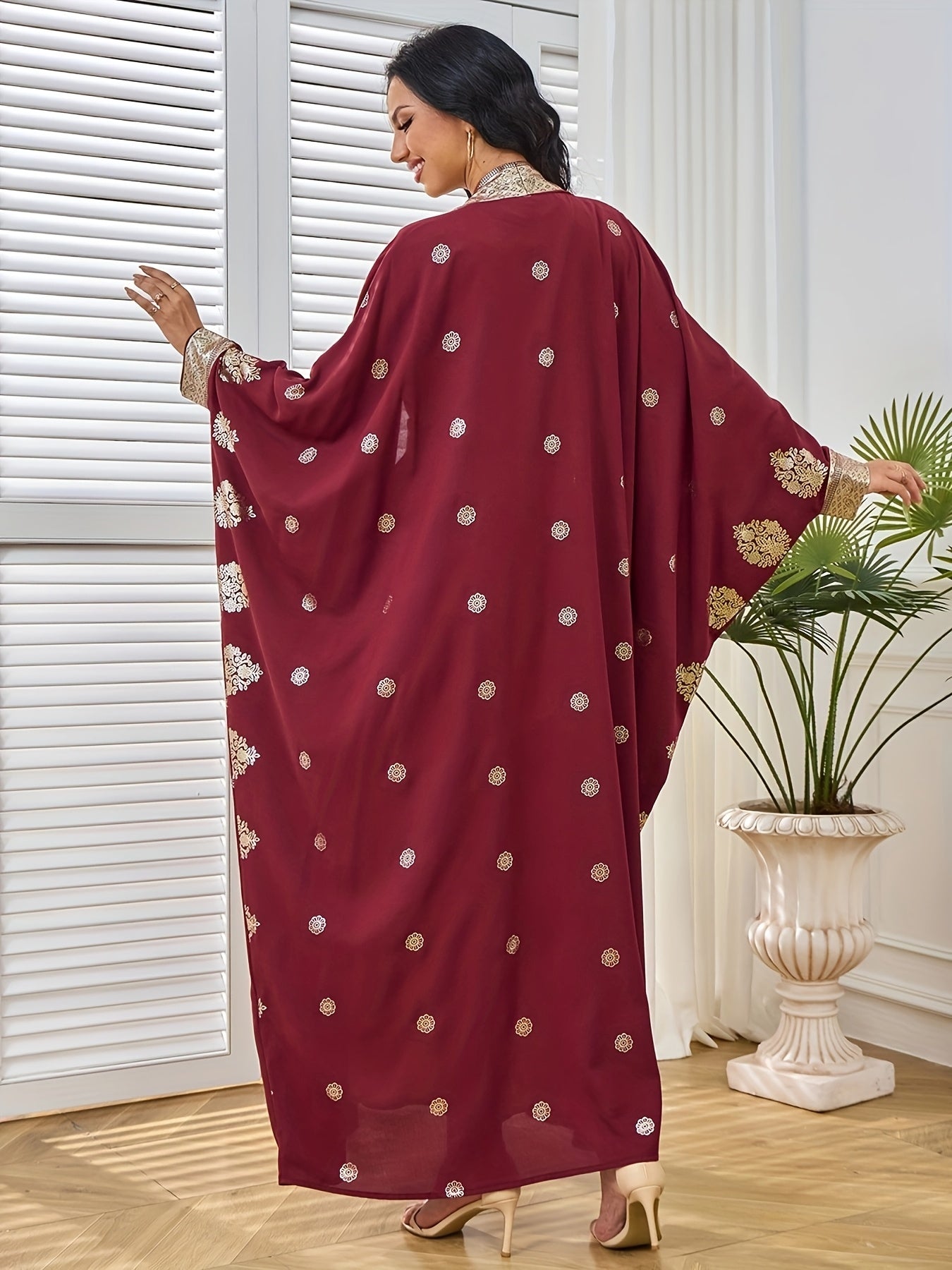 Elegant Maroon & Beige Two-Piece Traditional Dress with Golden Embellishments - Long Sleeve Kaftan Abaya with Batwing Sleeves, Floor-Length Gown for Weddings & Formal Events