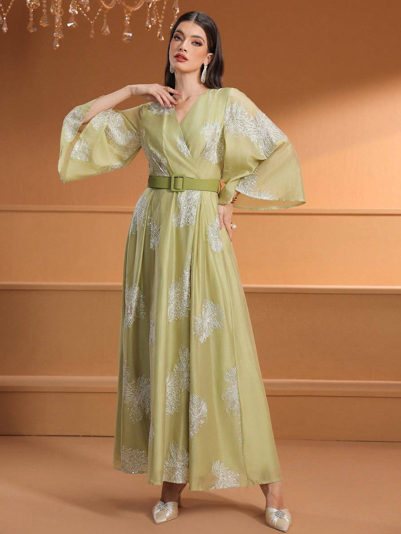 Women's Middle Eastern-Inspired Cross Neck Batwing Sleeve Modern Abaya with Adjustable Belt - Floor-Length Solid Color Formal Gown for Office, Weddings, Parties & Daily Gatherings