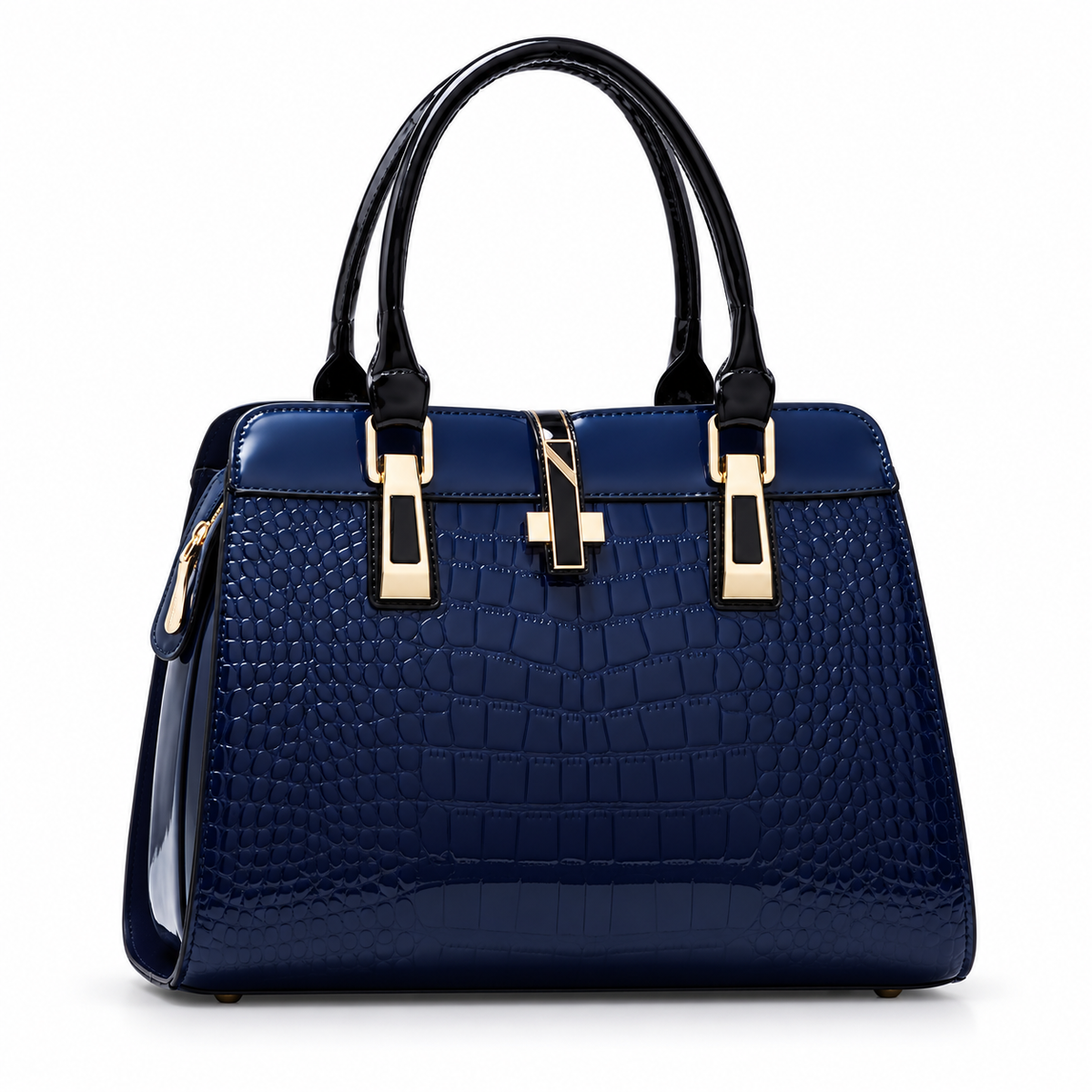 Navy Crocodile Embossed Gold Accent Handbag
