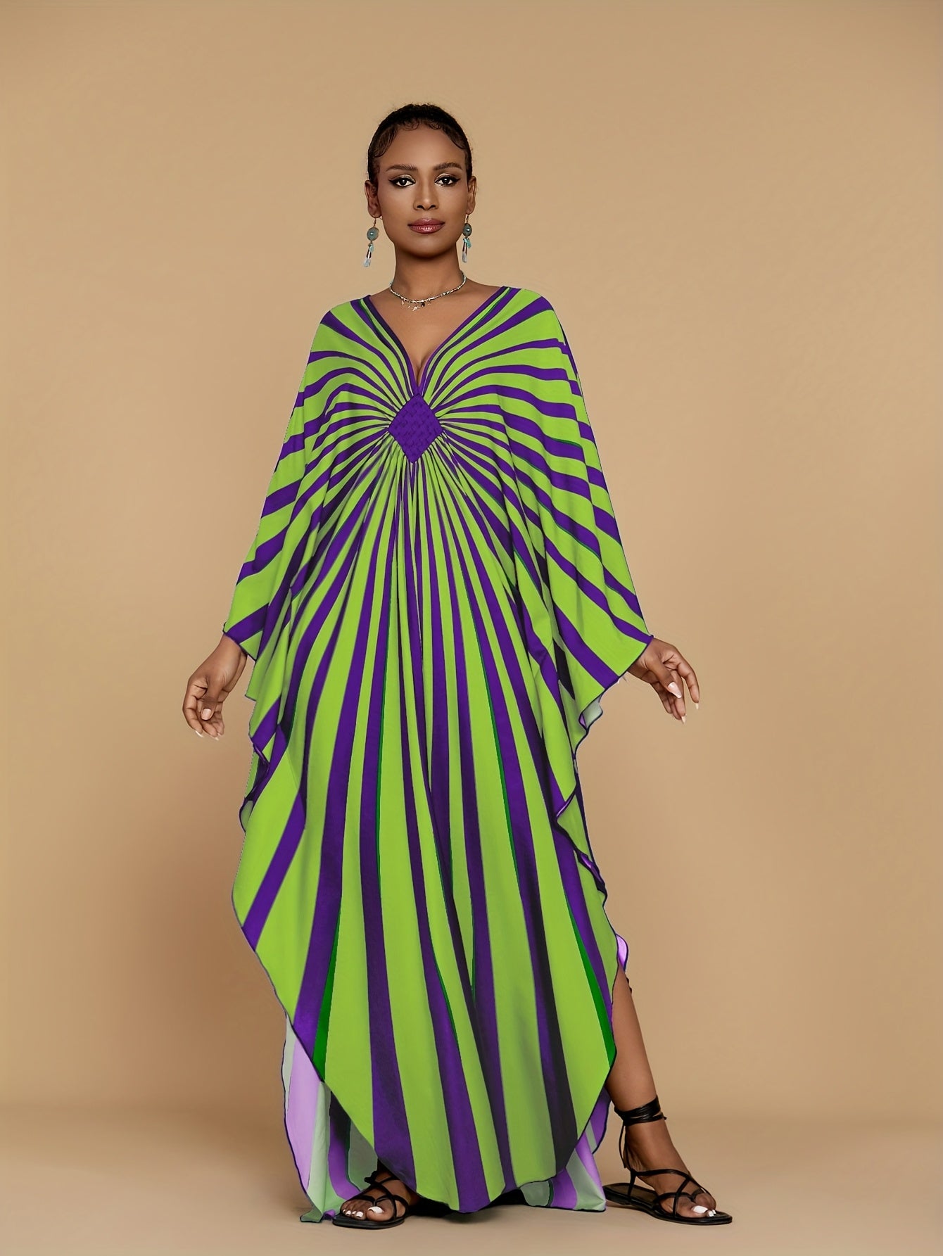 Plus Size - Bohemian Stripe Print Kaftan Dress for Women - V-Neck, Half Sleeve, Long Length, Lightweight Polyester, Perfect for Beach Coverup & Casual Vacation, Plus Size, Spring/Summer/Fall Wear, Beach Dress
