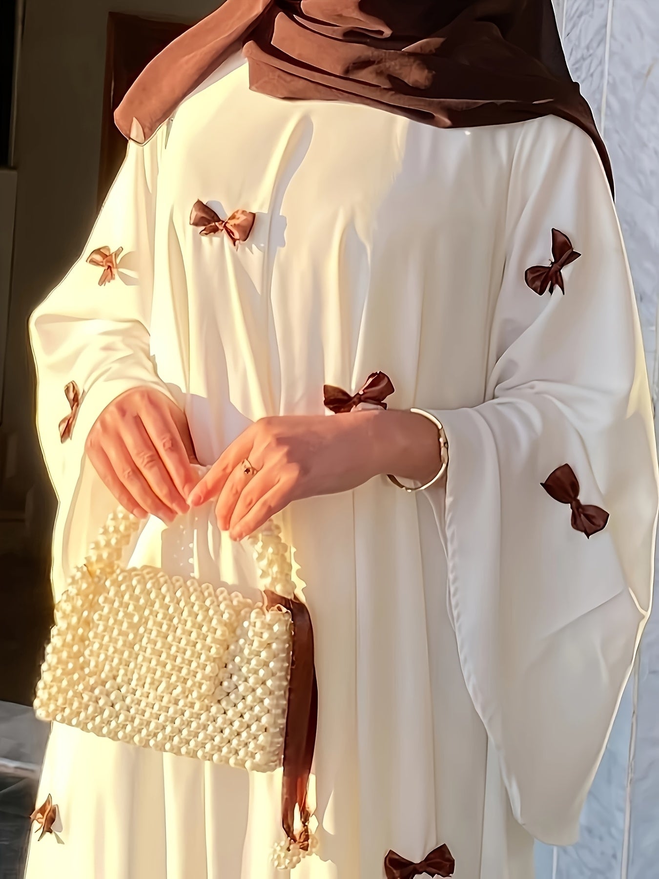 Butterfly Bow Abayas Elegant Long Robe Set, Including Dress and Headscarf