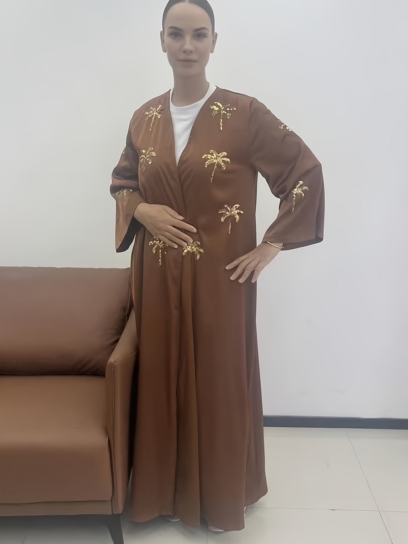 Elegant Brown Kimono Abaya with Golden Embroidery - Modest Long Dress for Women, Perfect for Casual Outings, All-Season Comfort, Casual Abaya | Elegant Abaya | Sequin Embroidery